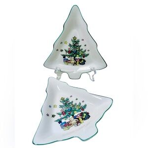 Nikko Vintage 1990's Christmastime Christmas Tree 2 Open Candy Nut Dishes & Box